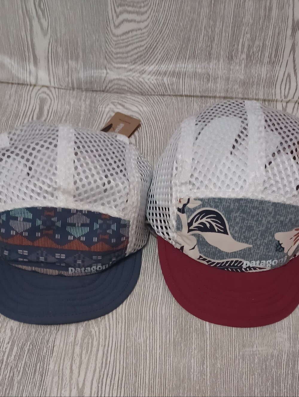 Patagonia Kids White Mesh Trucker Hat with Blue and Red Brims